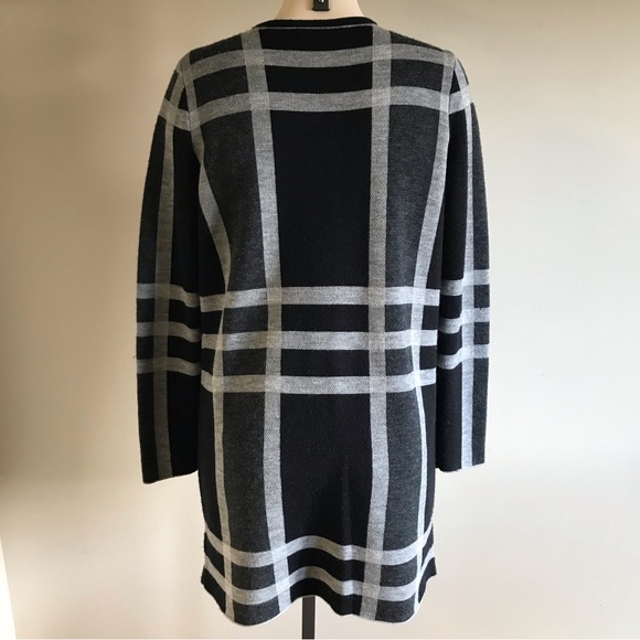 Ellen Tracy Merino Wool Plaid Open Cardigan Sweater Black Grey Size Medium - Picture 2 of 9